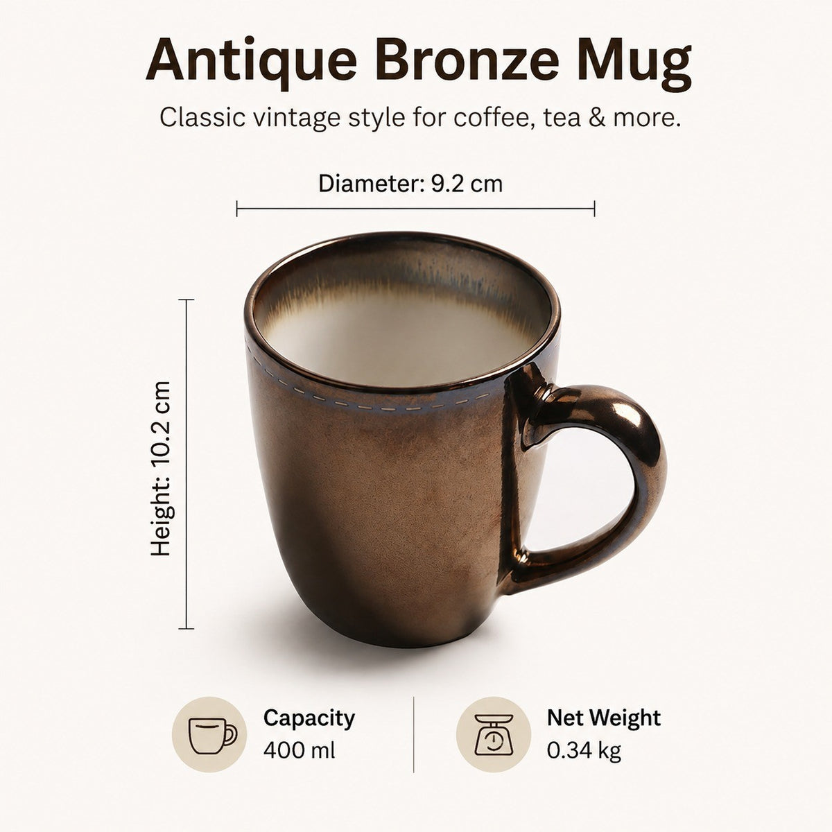 Antique Bronze Handled Mug, 400 ml Ceramic Vintage Coffee Tea Cup - detail 1