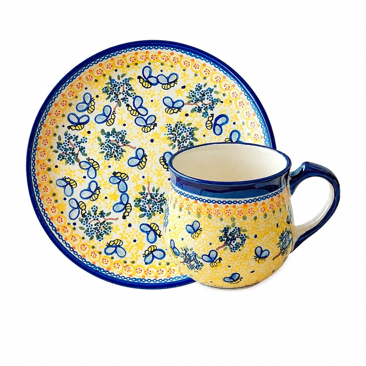 Little Bee Coffee Cup and Saucer Set, Yellow, Ceramic, Hand-Painted - product view 1