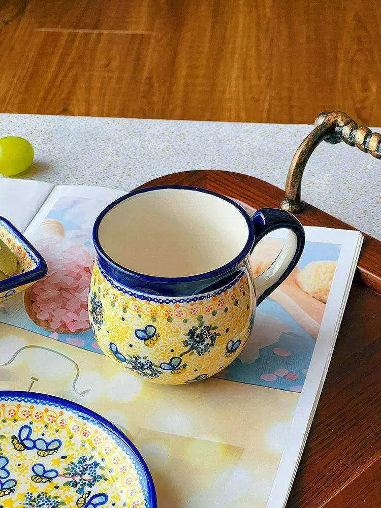Little Bee Coffee Cup and Saucer Set, Yellow, Ceramic, Hand-Painted - detail 1