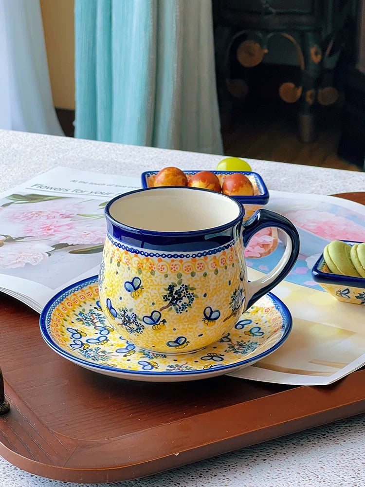 Little Bee Coffee Cup and Saucer Set, Yellow, Ceramic, Hand-Painted - detail 2